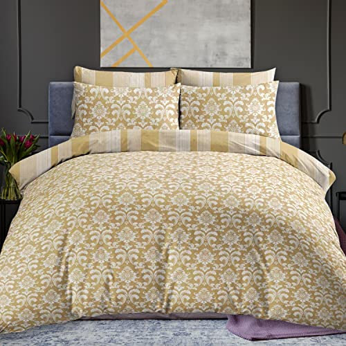 DTEX HOMES 100% Pure Cotton Printed Reversible Duvet Quilt Cover Set, Istanbul Mustard - King
