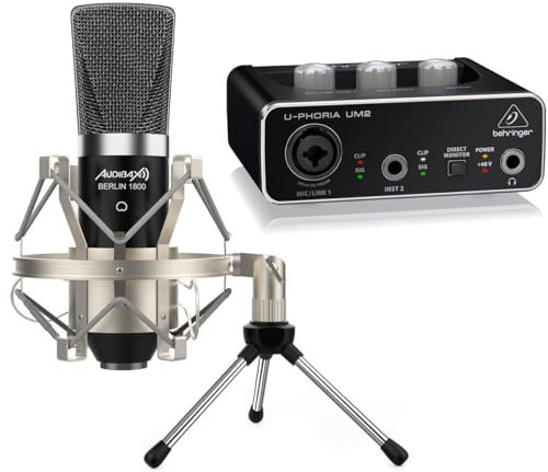 Audibax Berlin 1800 Silver - Microfono de Condesandor de Estudio - Incluye Interface Behringer UM2 - Micrófono Profesional con Patrón Polar Cardioide - Gran Diafragma - Color Plata