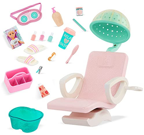 Glitter Girls Friseurstuhl mit Spa und Friseur Zubehör – Puppenzubehör für 36 cm Puppen mit Trockenhaube für Haare, Nagellack, Wellness Accessoires und mehr – für Kinder ab 3 Jahren (18 Teile)