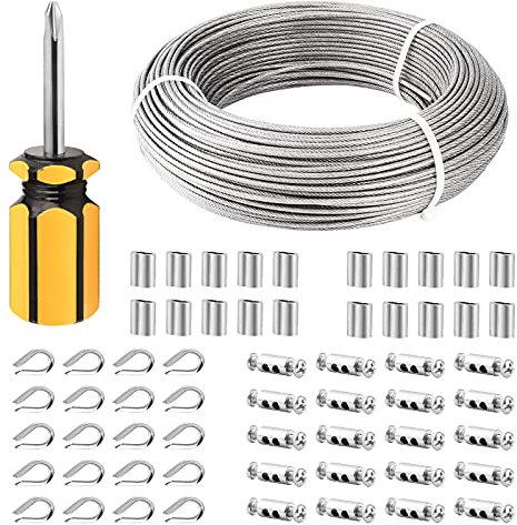 TooTaci 3mm Drahtseil-Set für den Innenbereich – 100M PVC-ummanteltes Edelstahlseil mit M3-Seilendhülsen & Seilklemmen aus Kohlenstoffstahl – Ideal zum Aufhängen, Vorhangdraht und Innenbeleuchtung