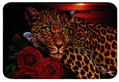Sunset Badezimmerteppich Leopard Saugfähig rutschfest Badematte 50x80cm Rot Rose Blumen Gepard Drucken Weich Machine Waschbar Badvorleger Küche Wildtiermotiv Indoor Eingang Badteppiche Luxus