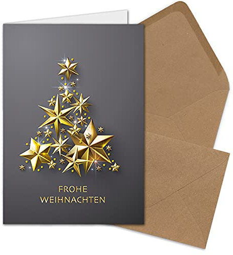 100 XL Weihnachtskarten-Set DIN A5 mit goldenem Weihnachtsbaum aus Sternen - Faltkarten mit passenden Umschlägen DIN C5 Kraftpapier Sandbraun mit Nassklebung - Weihnachtsgrüße für Firmen und Privat