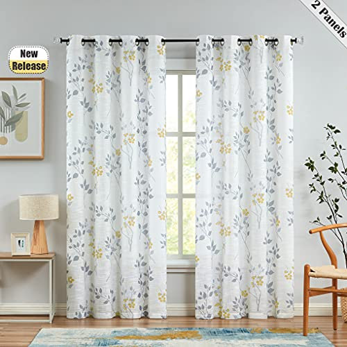 Beauoop Yellow Grey Semi Sheer Floral Curtains for Living Room Bedroom 72 Inch Drop Linen Textured Farmhouse Curtains Leaf Printed Eyelet Rustic Drapes Window Treatment Set 2 Panels