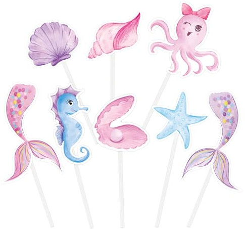 Watercolor Mermaid Party Cupcake Toppers - 32PCS Mermaid Cake Picks for Kids Girls Ocean Birthday Party Decorations Baby Shower Cupcake Decor