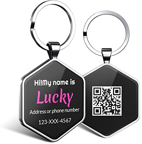 DISONTAG Hundemarke Personalisiert mit QR Code,32 mm 2 Seiten Dog Id Tag mit SchlüSselring für Hundehalsband,Leichter zu Lesen als Gravur– Online|Modifizierbar|Colourful(Hexagon)
