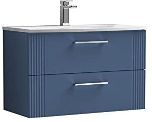 nuie DPF395G Deco Modern Bathroom Wall Hung 2 Drawer Part Fluted Vanity Basin Unit with Curved Ceramic Basin, 800mm, Satin Blue