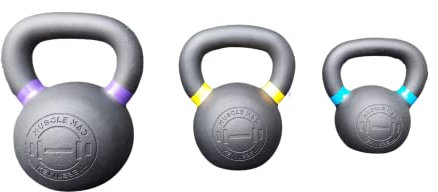 MUSCLE MAD Premium Cast Iron Kettlebell Set (12kg,16kg 18kg), Textured Handle, Matt Black, Full Body Training, Strength Training.