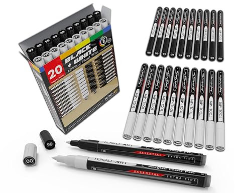 TOOLI-ART Lot de 20 marqueurs de peinture acrylique extra fins 0,7 mm noir et blanc pour peinture rupestre, toile, tasses, métal, peinture sur verre, tissu, bois. Non toxique, séchage rapide