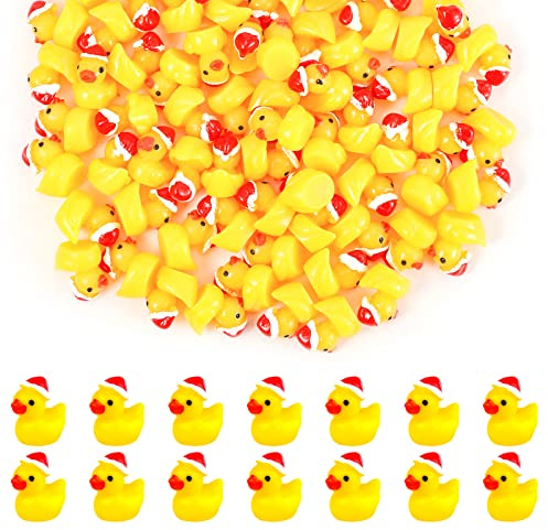 KINBOM 80 Stück Mini Weihnachten Harz Enten, Tiny Miniatur Enten mit Weihnachtshut Figuren Tiny Ente Zubehör für Handwerk Home Puppenhaus Schule Party Urlaub Dekoration (Gelb)