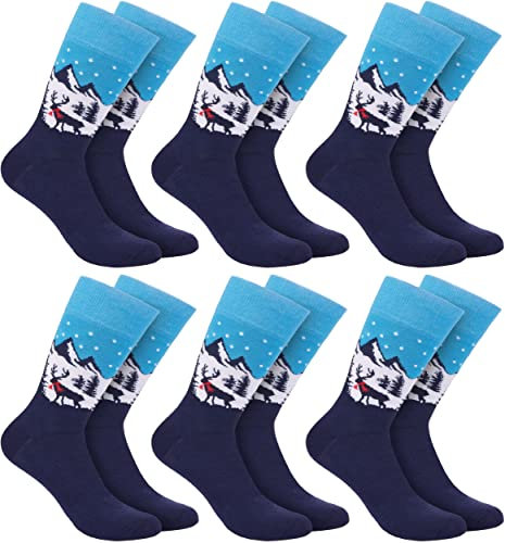 BRUBAKER 6 Paar Herren Weihnachtssocken - Weihnachtsmotiv Landschaft Berge - Bunte Kuschelsocken für die Weihnachtszeit - Männer Lustige Crew Socks Geschenk Weihnachten - One Size EU 41-45