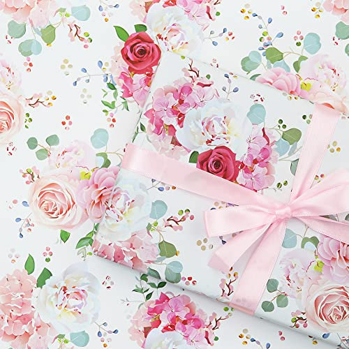 Hochzeits-Geschenkpapier und Schleifen-Set für Mädchen und Frauen, 4 Blatt, rosa, rote Rose, Blumenmuster, Brautparty, Verlobung, Geschenkpapier – Muttertag, Geburtstag, Jahrestag, Valentinstag