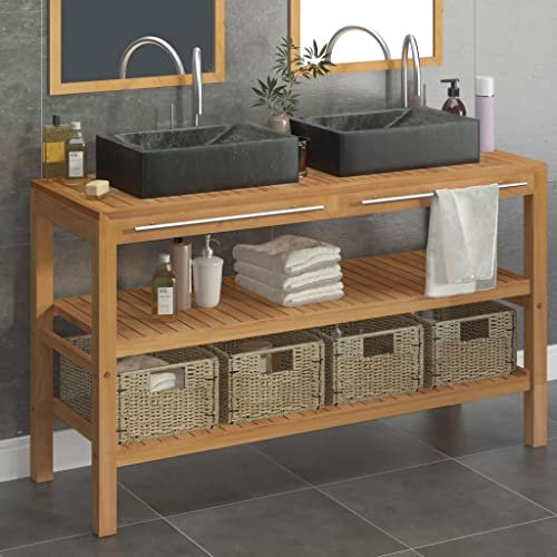 CIADAZ Waschtisch Massivholz Teak mit Waschbecken Marmor Schwarz, Waschbeckenunterschrank, Badezimmerschrank, Badezimmermöbel, Badschrank, Badezimmer Unterschrank, Badezimmer Möbel 3058180