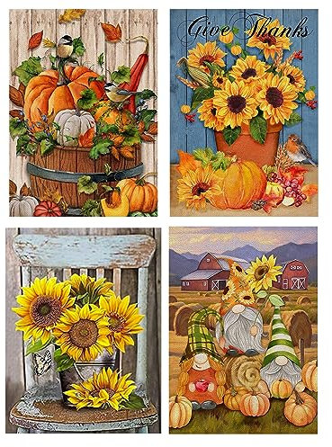 Diamond Painting Bilder Erwachsene Kinders, 5D DIY Diamant Painting Malerei Herbst Sonnenblume Blumen Kürbis, Daiments Bausätze Diamantmalerei für Home Décor Wand Dekorationen, Set 4 Diamant-Malerei
