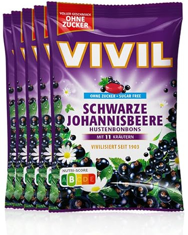 VIVIL Schwarze Johannisbeere mit 11 Kräuter, 5 Beutel, Hustenbonbons mit Johannisbeergeschmack, zuckerfrei & vegan, 5 x 120g