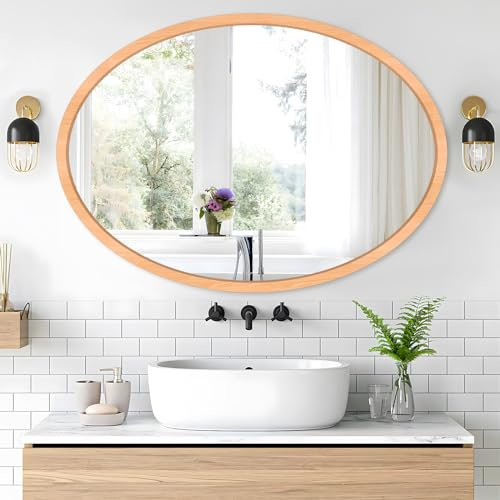 FUWU HOME Ovaler Holzspiegel für Wand, 61 x 91,4 cm, ovaler Badezimmerspiegel mit Holzrahmen für Badezimmer, Waschtisch, Wohnzimmer, Schlafzimmer, Eingangsbereich (61 cm B x 91,4 cm H, natürliches