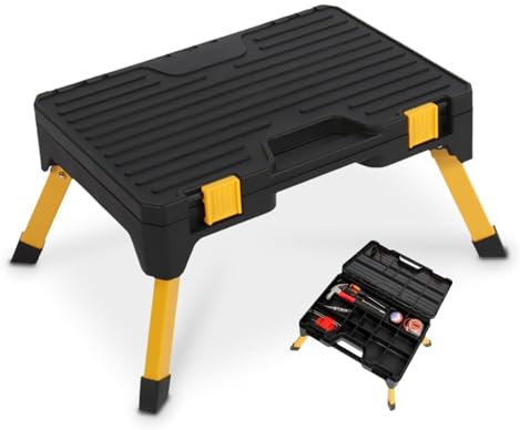KARAT Werkstatthocker schwarz 2 in1 kleine Klapptritt Tritthocker faltbar & klappbar Inkl. Werkzeugkoffer aus Stahl & Kunststoff, bis 150kg Trittstufe mit rutschfester Oberfläche, 49x38,5x23,5cm Barry