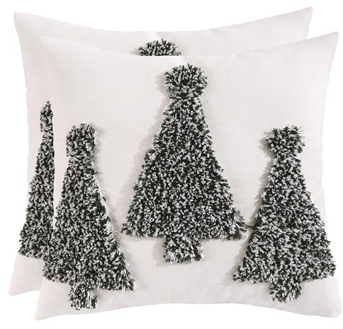 2er Set Weihnachten Kissenbezug Grün Tanne Tufteter Weihnachtsbaum 45x45cm Kissenbezüge Feines Leinen Kissenhülle Dekokissen für Sofa Wohnzimmer Schlafzimmer Couch Heimdekoration