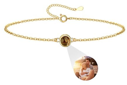Auinniuz Individuelles Fotoarmband Aus Sterlingsilber – Personalisiertes Armband Mit Foto – Runder Anhänger Mit Farbfoto Armband Im Inneren A-Gold