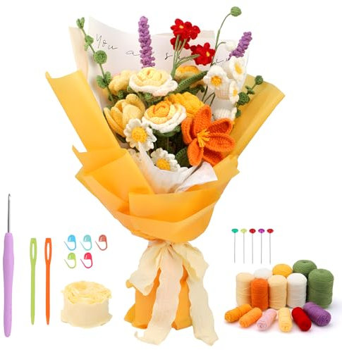 twirush Beginner Crochet Kit,Crochet Flowers Kit - Beginner Crochet Kit with Yellow and Orange Roses. Complete Crochet Starter Kit with Step-by-Step Video Tutorials. Perfect DIY Craft Creation Tools.