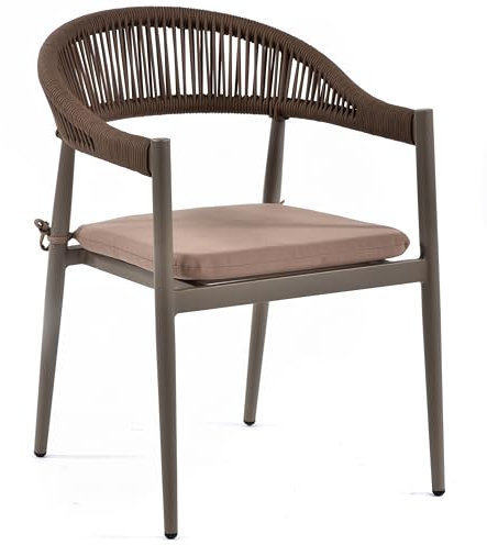 BrackenStyle Rope Weave Stacking Arm Chair with Cushion - Stylish, Durable & Lightweight Outdoor Commercial Patio Seat (Taupe)