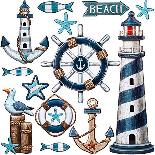 3D Wandsticker freie Motivwahl für Kinder & Erwachsene - 13 TLG. Set - Maritim - Leuchtturm - Anker - Relief Kunststoff - selbstklebend + wiederverwendbar..