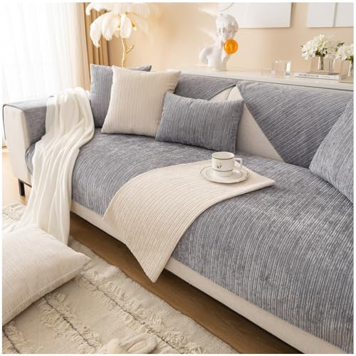 NUODWELL Chenille Sofabezüge 1/2/3/4 Sitzer, rutschfeste Sofabezug für alle Jahreszeiten mit rutschfesten Silikonpartikeln, Ecksofabezug, Möbelschutz, Couchbezug (Grau, 70 x 70 cm), AB8926