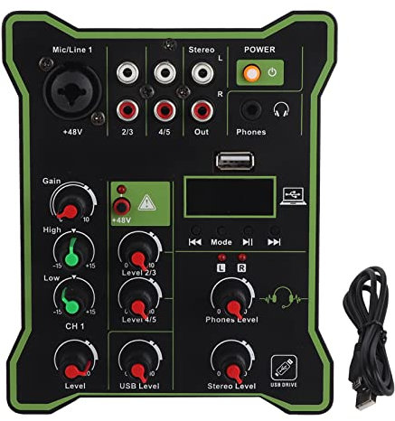 5 Channel Line Mixer Mini Audio Mixer with Bluetooth USB Reverb Effect, DSP Digital Effect Chip, Portable, Suitable for Mobile Phone, Tablet and Computer, Suitable for Small Performance