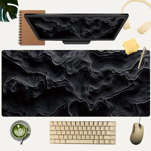 Black Topographic Mouse Pad – Large Gaming Desk Mat with Non-Slip Rubber Base – Extended Black Desk Mat for Keyboard and Mouse – Topographic Desk Pad for Office & Gamers