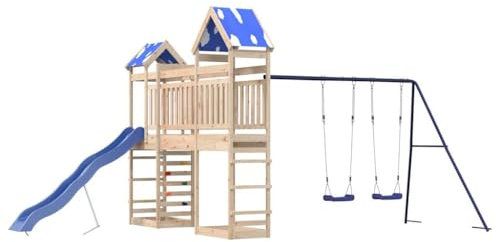 vidaXL Spielturm, Klettergerüst mit Dach Schaukeln Rutsche Brücke, Kinder Kletterturm Spiel-Zubehör für Garten, Holz Spielplatz Spielhaus, Massivholz Kiefer