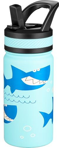 Fanhaw 420 ml Kids Insulated Water Bottle with Straw - Stainless Steel Double Wall Vacuum Cup, Leakproof, BPA Free, Suitable for Boys and Girls(Pale Blue - Big Shark)