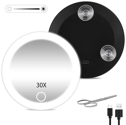 JJhxr 30X Vergrößerungsspiegel mit Licht, 10.16 cm Reise Makeup Spiegel mit 3 Saugnäpfen, Makeup Vergrößerungsspiegel mit Licht, einstellbare Dimmung der Lichter