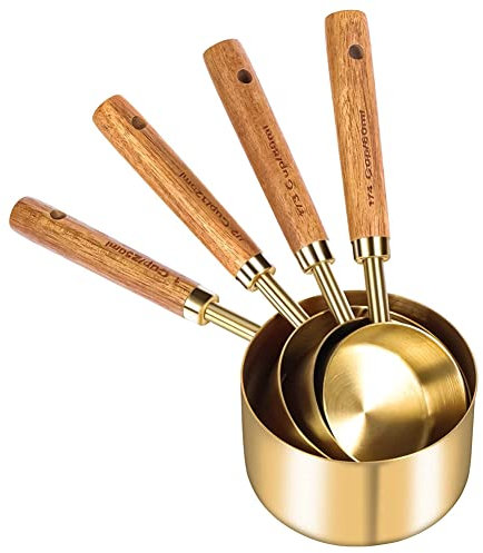 PPcdfre Measuring Cups and Spoons Set of 8, Wood Handle with Metric and US Measurements,Stainless Steel, for Cooking and Baking