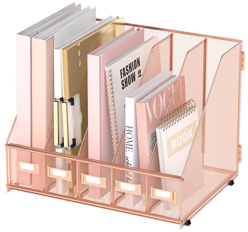SUPEASY Schreibtisch-Organizer aus Metall, Zeitschriftenhalter mit 5 vertikalen Fächern, Organizer für Büro, Schreibtisch, Heimarbeitsplatz, Roségold
