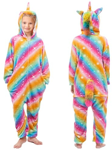 Leonshco Pigiama con Unicorno, Pigiama da Bambino, Costume da Unicorno, Tuta in Peluche, Morbido e Confortevole, Design con Cappuccio a Cartoni Animati, Multicolore, Unisex, 5-10 Anni