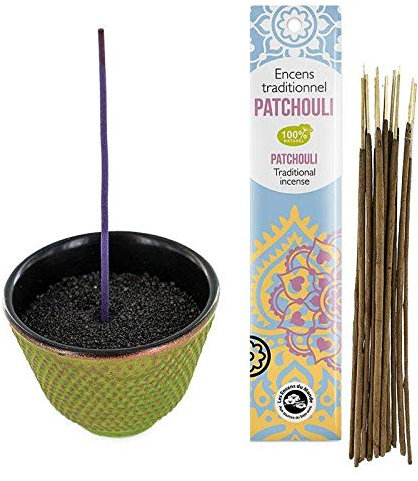 Porta incenso in ghisa Zen verde e oro + Incenso indiano con Patchouli