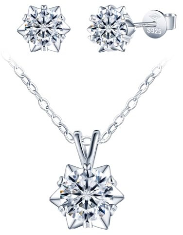 Yumilok Halskette Damen Ohrringe Silber - Kette Damen mit Schneeflocke Anhänger Damen Ohrstecker 925 Sterling Silber Schmuck Set 1 Karat Moissanit Diamant für Frauen Freundin Mama