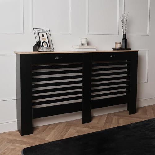 OHS Large Black Radiator Cover with Oak Look Top, Stylish Modern Decorative Radiator Cover MDF for Office Living Room Bedroom & Hallways