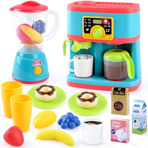 Play Accesorios Cocinita Infantil, Set de Utensilios Cocina Juguete con Cafetera Juguete, Batidora, Juguetes Alimentarios, Luces y Sonidos Realistas, Set de Accesorios Cocina Juguetes para Niños 3+