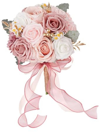 Baoblaze Hochzeitsstrauß, künstliche Blumen, romantisch, mit Bändern, Blumen haltend, Brautstrauß für Abschlussfeier, Zeremonie-Dekor, Rosa Weiß