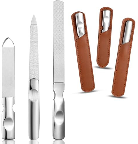 Wanmu Lot de 3 limes à ongles en métal, coupe-ongles en acier inoxydable avec étui en cuir, lime à ongles double face robuste pour ongles d'orteils épais, lime à ongles grossière professionnelle pour