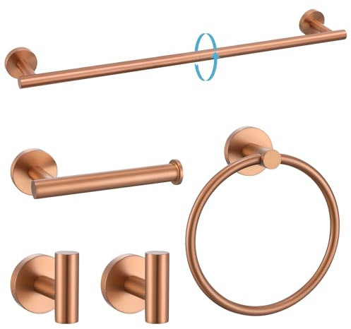 TURS Brushed Rose Gold 5 Piece Bathroom Hardware Set, SUS304 Stainless Steel 23.6 Inch Bath Towel Bar Set, Round Bathroom Accessories Kit Wall Mounted