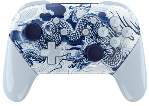 eXtremeRate Full Gehäuse Set kompatibel mit Nintendo Switch Pro Controller, DIY-Ersatz Front Hülle/Back Shell&Handgriffe Case Zubehör für Switch Pro Controller-Porzellan Drache