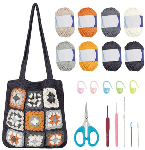 ORIGACH Häkel Tasche Set Für Anfänger, DIY Granny Square Tasche Starter Häkelset Für Erwachsene Mit Schritt Für Schritt Videoanleitung, Dunkelgrau