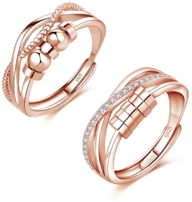Deyanse Anxiety Ring Silber, 925 Sterling Silber Angst Ringe mit Perlen Zirkonia, 2PCS Offen Einstellbar Anti-Stress Ringe Set, Unendlichkeit Spinner Fidget Ring, Unisex Stimmungsring gegen Stress