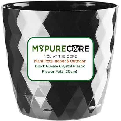 MYPURECORE Plant Pots Indoor 20cm – Stylish Decorative Plastic Flower Pot with Glossy Crystal Surface – Durable Indoor & Outdoor Planter for House Plants, Herbs (Black, 20 cm)