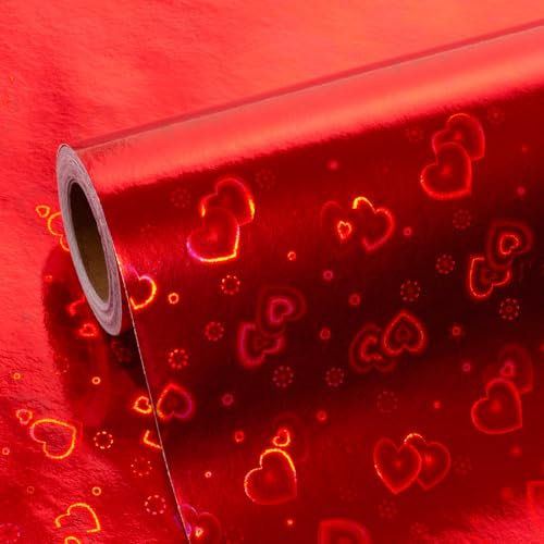 Wikadlik Holografisches Geschenkpapier, 43 cm x 10 m, rote Herzen, Geschenkpapier für Valentinstag, Muttertag, Hochzeit, Brautparty, Babyparty
