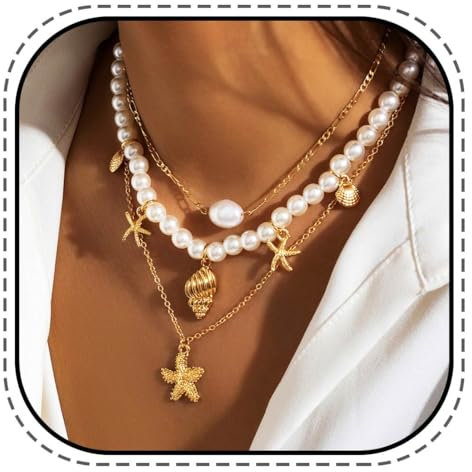 Evlry Boho-Perlenkette mit goldenem Seestern-Anhänger, Strandmuschel-Halskette für Damen
