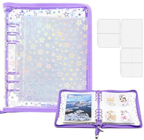 A5 Sticker-Sammelordner mit Reißverschluss, wiederverwendbares Sticker-Organizer-Album mit Taschen, perfekt zum Sammeln, Organisieren und Präsentieren von Stickern (Stern-Violett)