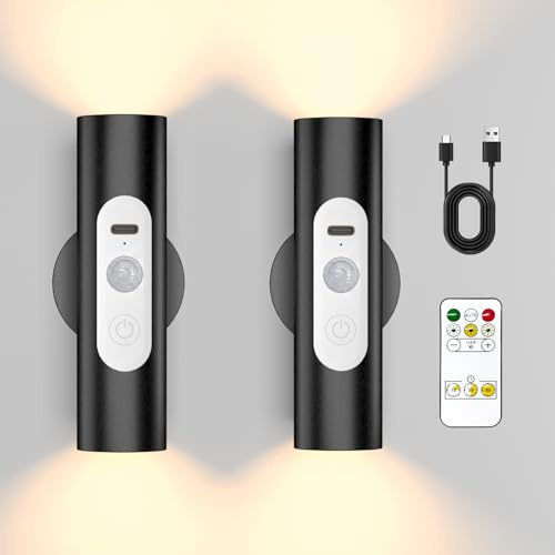 WOBSION Motion Sensor Wall Lights Indoor - Rechargeable Battery Operated Wall Sconces with Remote Control, Wireless LED Wall Lamp for Hallway, Stair, Bedroom, Living Room, Black Metal, 2 Pack