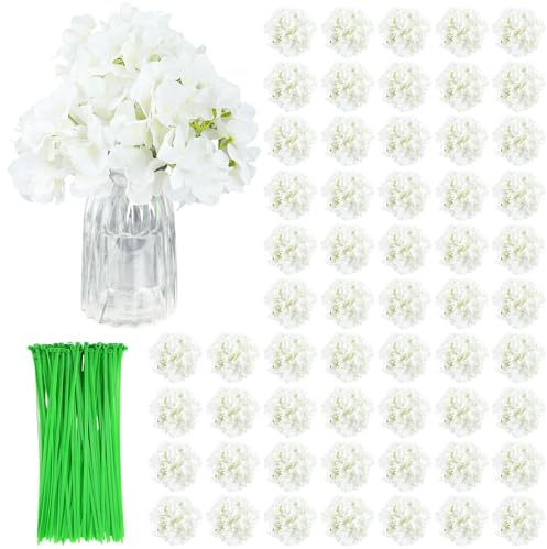 Sileasncei Lot de 104 + 100 fleurs d'hortensia artificielles avec tiges + attaches zippées, fleurs d'hortensia artificielles en soie pour mariage, maison, décoration de porche, faux hortensias blancs